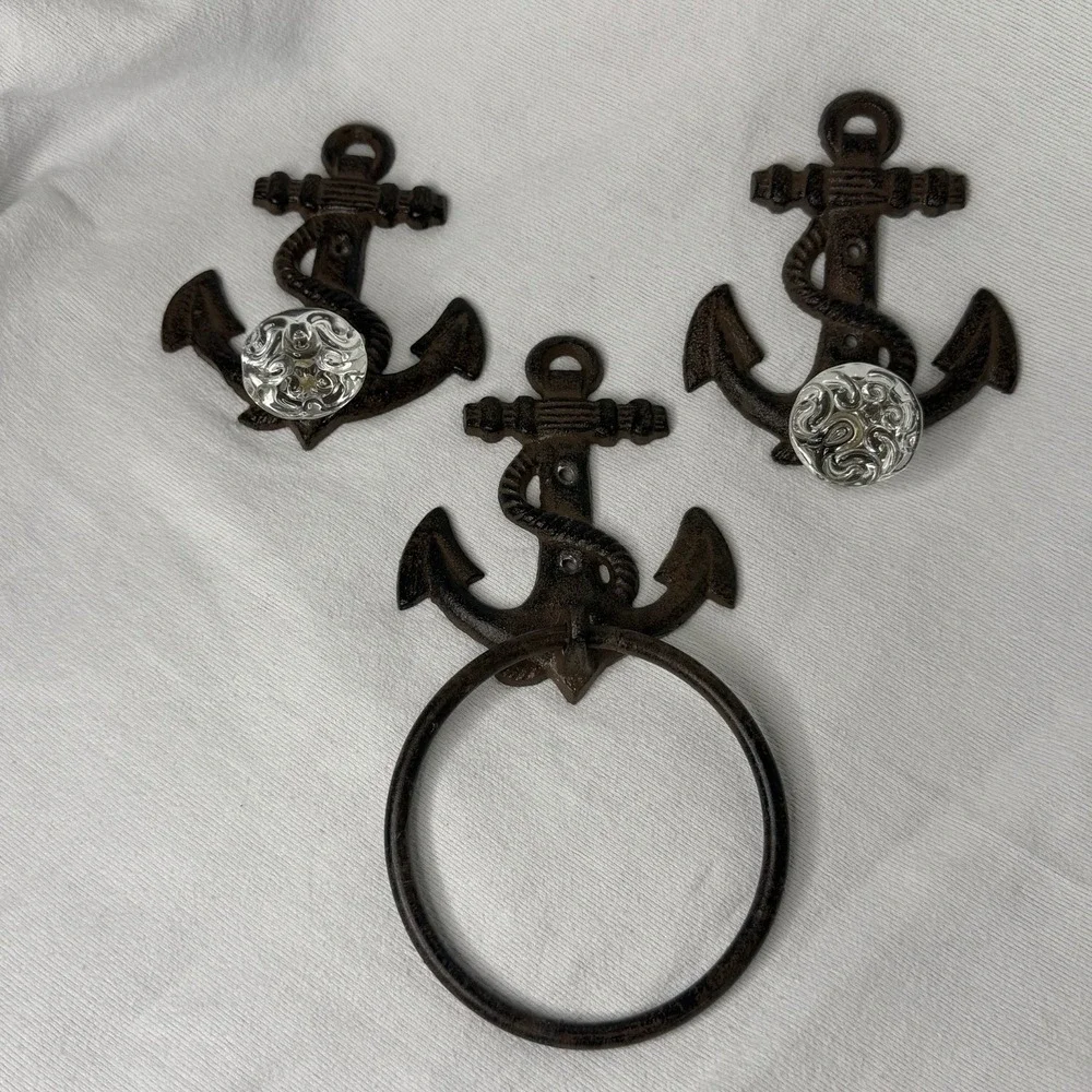 Cast Iron Anchor Hangers Towel Ring 3pc Rustic Nautical Coastal Decorative Knobs
